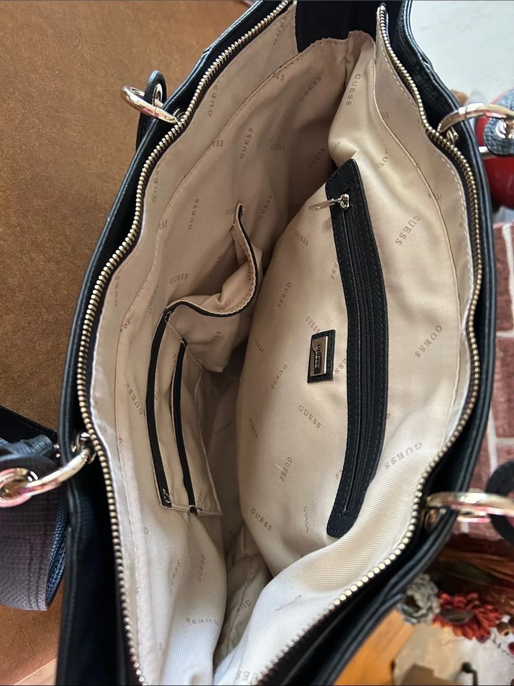 GUESS Black Textured Tote with Gold Hardware